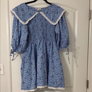 Blue Floral Dress with Lace Trim